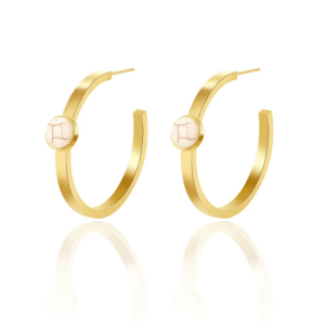 Stainless Steel Golden Hoops with White Marble Accent