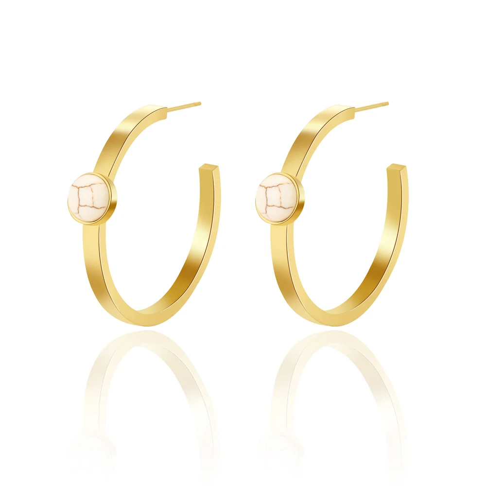 Stainless Steel Golden Hoops with White Marble Accent