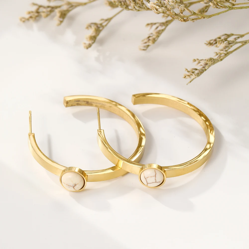 Stainless Steel Golden Hoops with White Marble Accent - Image 2