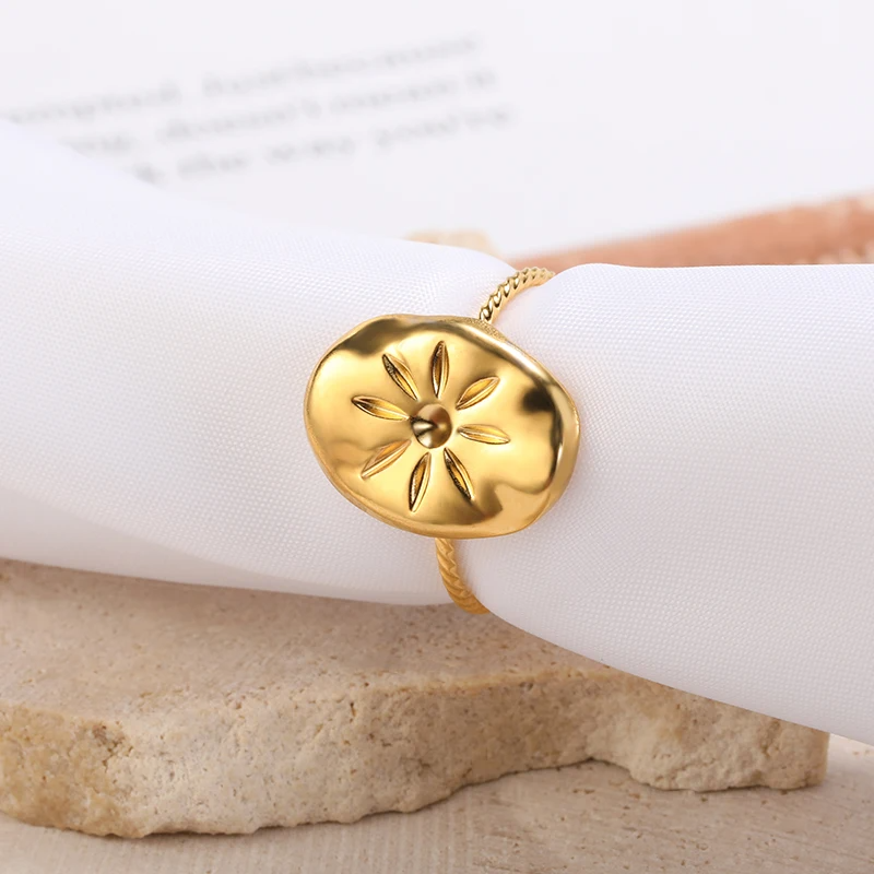 Textured Floral Stainless Steel Ring - Image 4